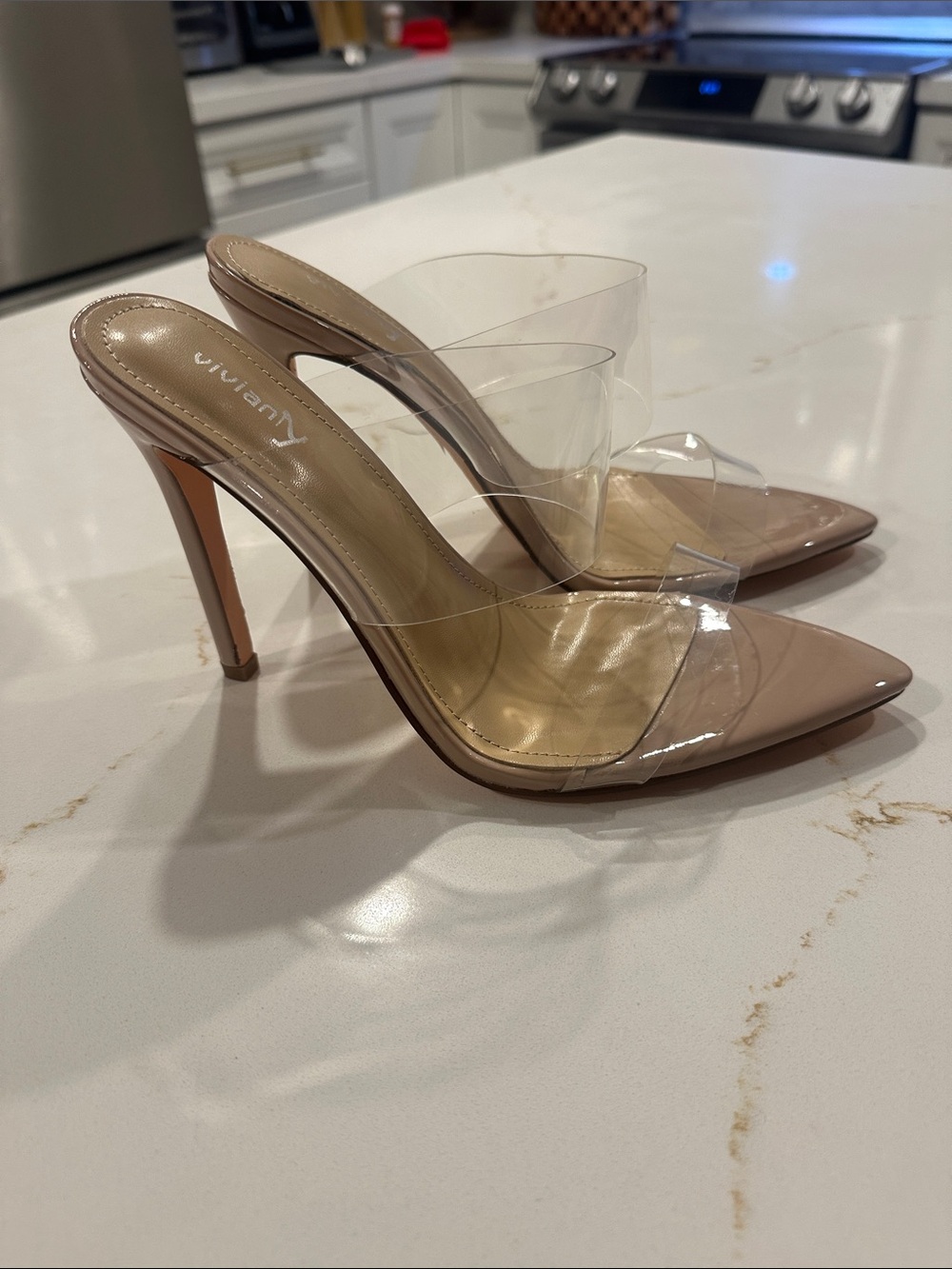 Viviana Nude Pointed Toe Clear Strap Stiletto Mules